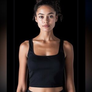 Sleek Black Ribbed Tank Cropped Top XS Square Neckline Stretchy Bodycon Classic